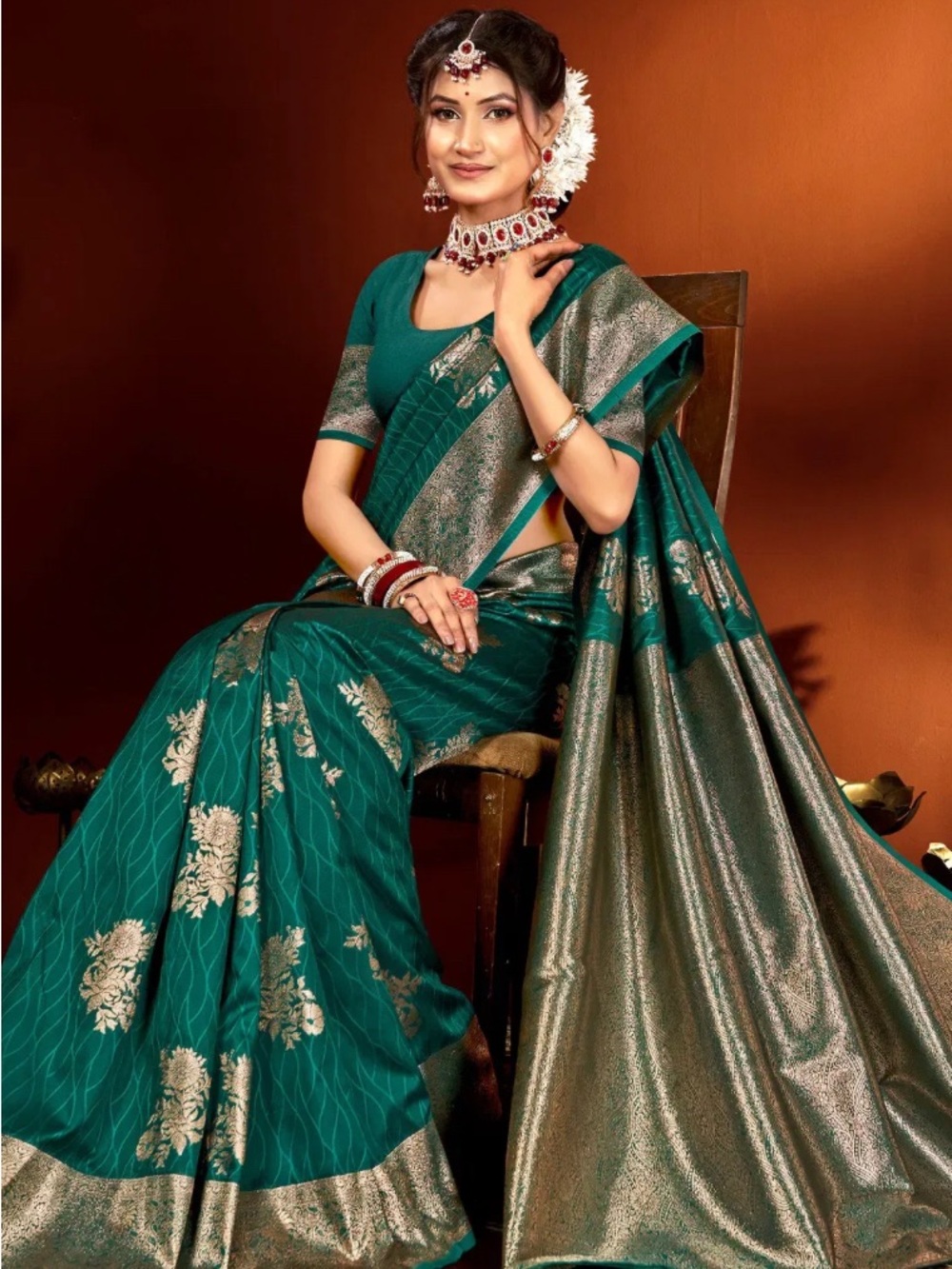 Teal Green Floral Banarasi soft Silk Saree with Metallic Gold weaving Border